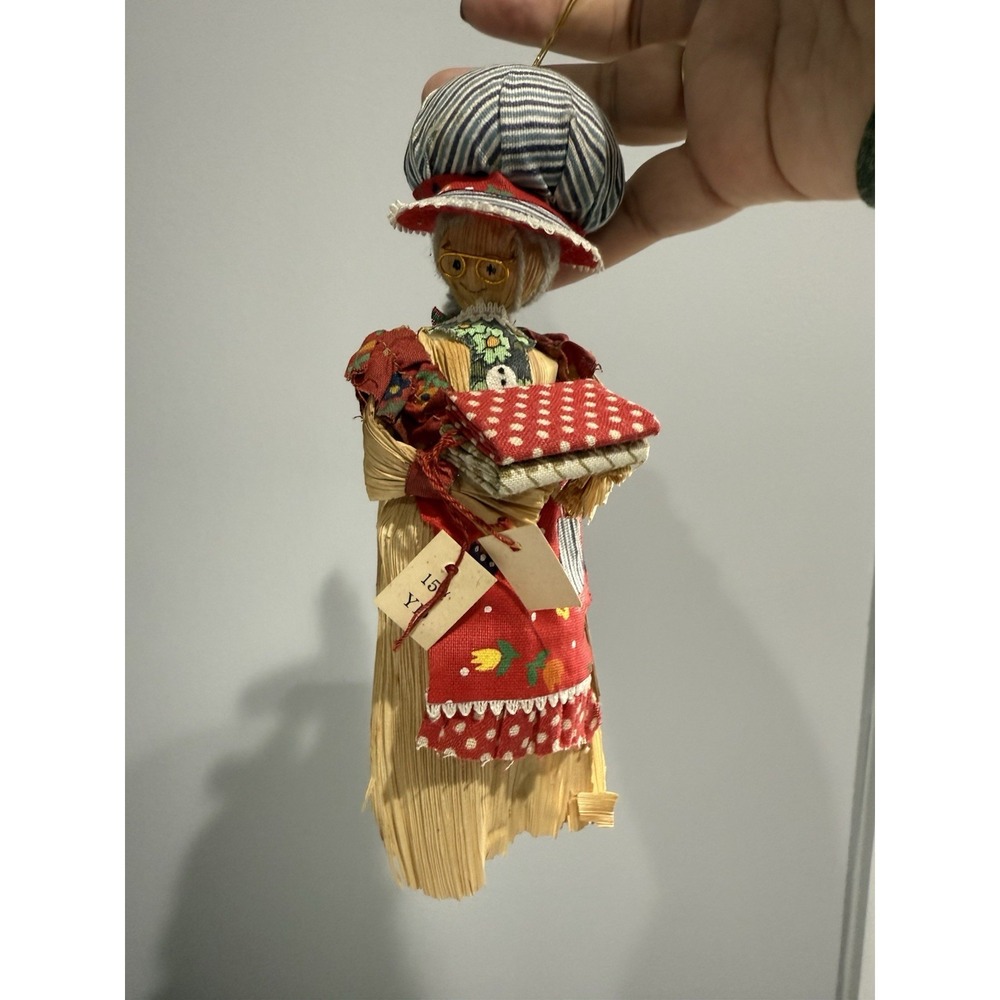 Vintage Kurt Adler Corn Husk Christmas Ornament Sewing Fabric Granny Mrs. Clause